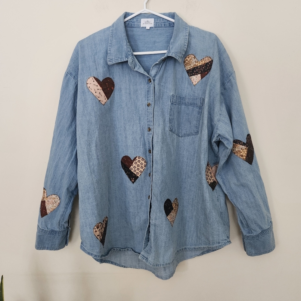Re Worked Denim Shirt With Patchwork Hearts - Picture 3 of 9